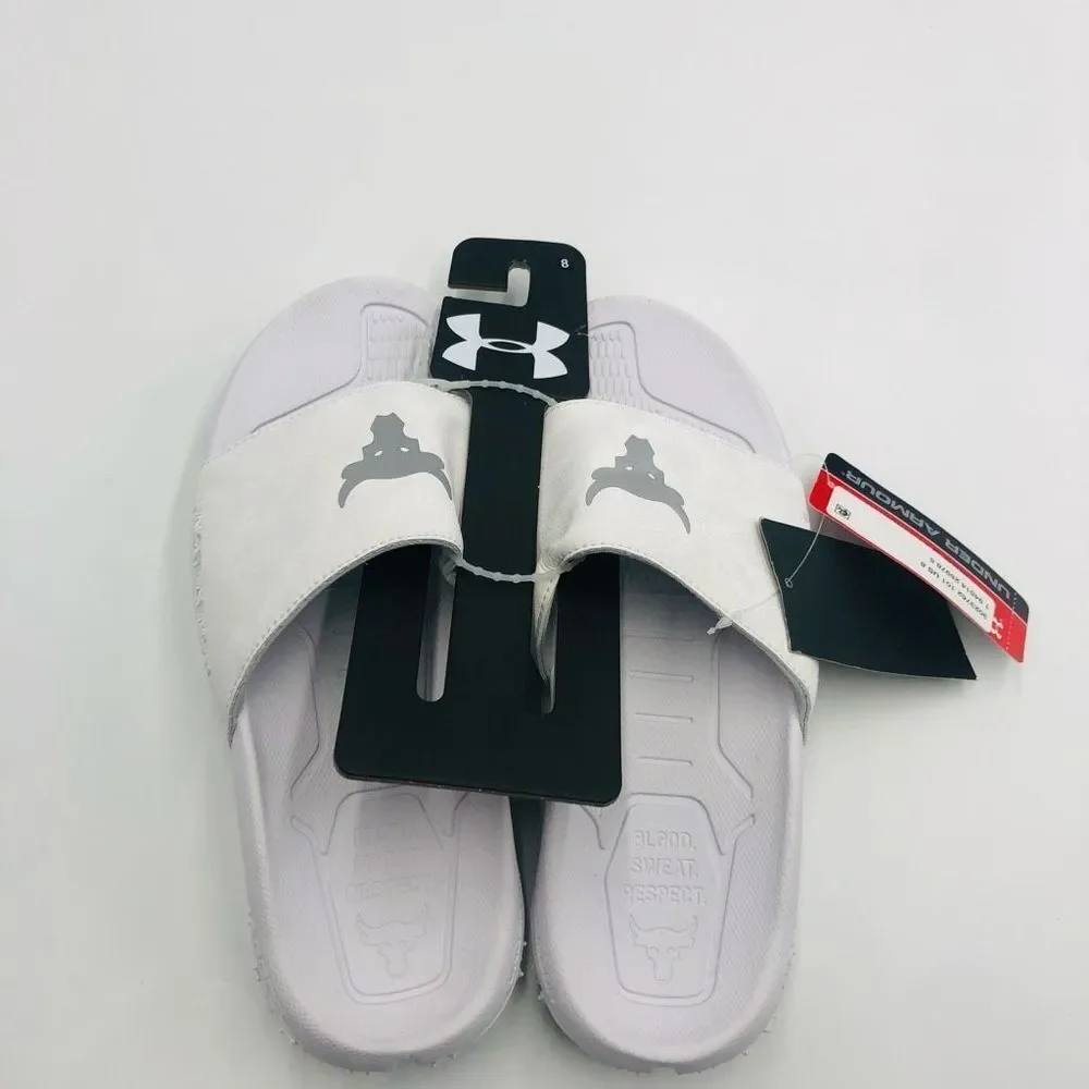 Brand New Under Armour Men's Project Rock Sideline White Slides Size 8 Flip Flop